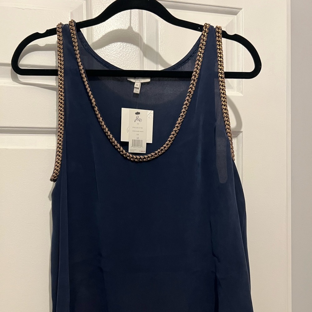 Joie Chain Tank, Navy silk with leather and bronze chain detail